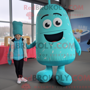 Maskotkarakter af en cyan...