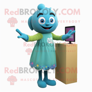 Cyan Plum mascot costume character dressed with a Cardigan and Anklets