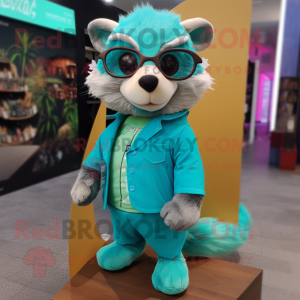 Turquoise Ferret mascot costume character dressed with a Sheath Dress and Eyeglasses