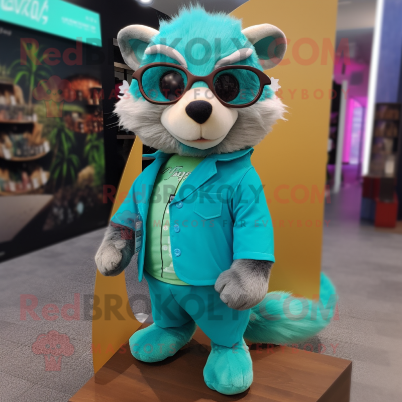 Turquoise Ferret mascot costume character dressed with a Sheath Dress and Eyeglasses Turquoise Ferret mascot costume character dressed with a Sheath Dress and Eyeglasses