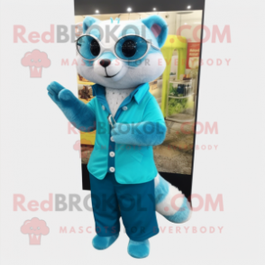 Turquoise Ferret mascot costume character dressed with a Sheath Dress and Eyeglasses