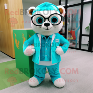 Turquoise Ferret mascot costume character dressed with a Sheath Dress and Eyeglasses
