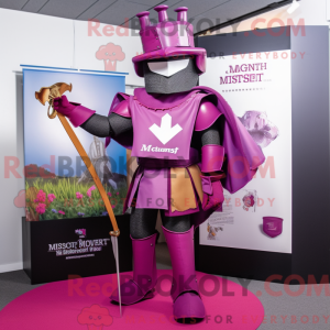 Maskotfigur af en magenta...