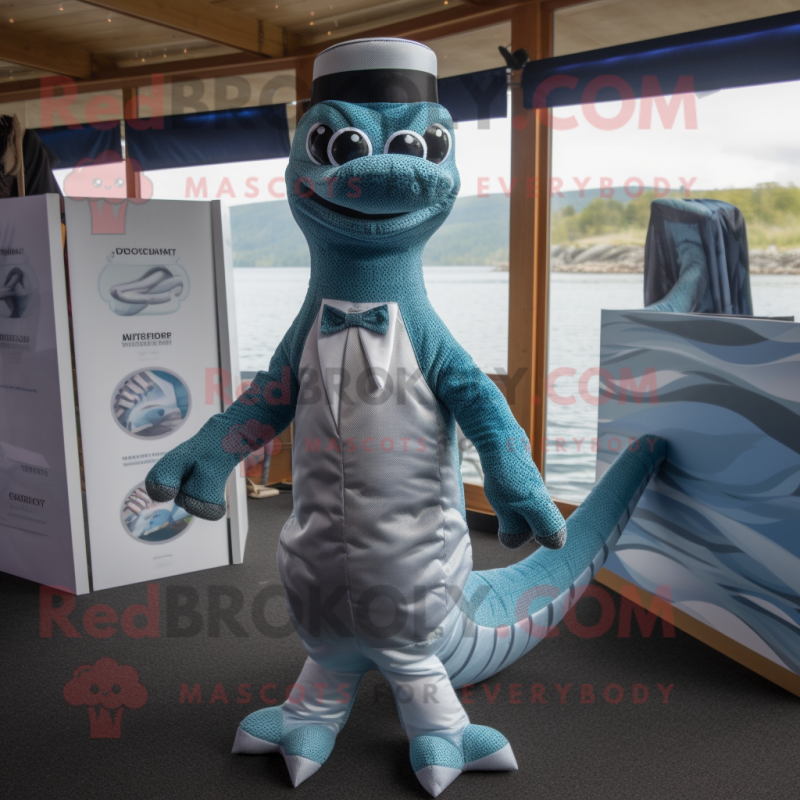 Silver Loch Ness Monster mascot costume character dressed with a Suit and Cummerbunds