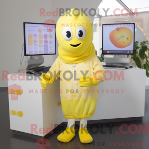 Maskotfigur af en citrongul...
