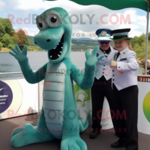 Silver Loch Ness Monster mascot costume character dressed with a Suit and Cummerbunds