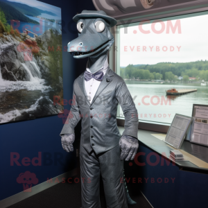 Silver Loch Ness Monster mascot costume character dressed with a Suit and Cummerbunds