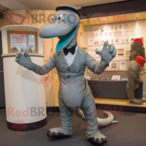 Silver Loch Ness Monster mascot costume character dressed with a Suit and Cummerbunds