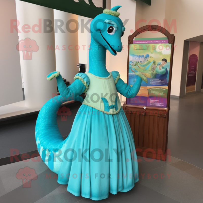Turquoise Diplodocus mascot costume character dressed with a Empire Waist Dress and Cummerbunds Turquoise Diplodocus mascot costume character dressed with a Empire Waist Dress and Cummerbunds