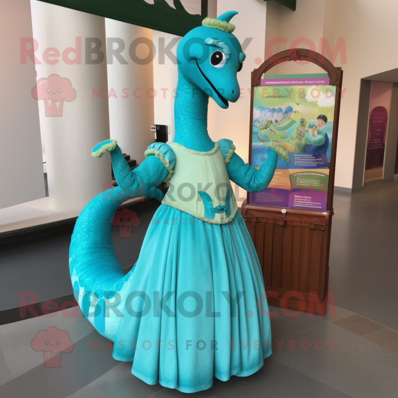 Turquoise Diplodocus mascot costume character dressed with a Empire Waist Dress and Cummerbunds