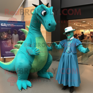 Turquoise Diplodocus mascot costume character dressed with a Empire Waist Dress and Cummerbunds