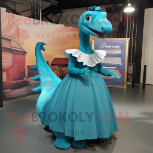 Turquoise Diplodocus mascot costume character dressed with a Empire Waist Dress and Cummerbunds