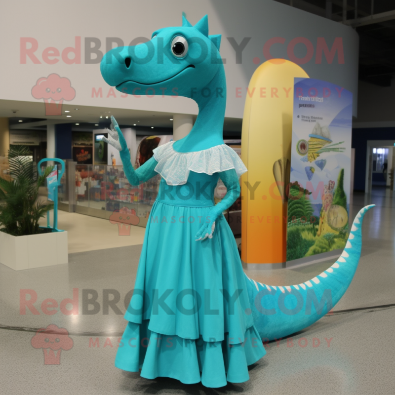 Turquoise Diplodocus mascot costume character dressed with a Empire Waist Dress and Cummerbunds