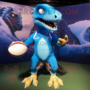 Sky Blue Utahraptor mascot costume character dressed with a Rugby Shirt and Gloves