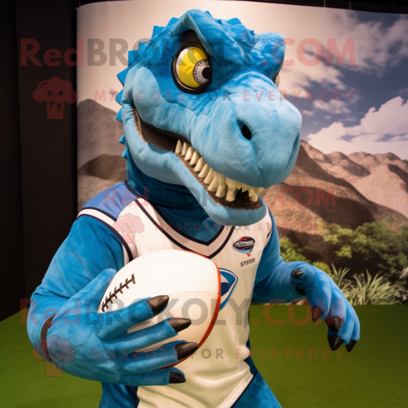 Sky Blue Utahraptor mascot costume character dressed with a Rugby Shirt and Gloves