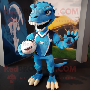 Sky Blue Utahraptor mascot costume character dressed with a Rugby Shirt and Gloves