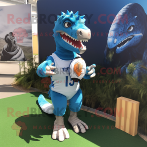 Sky Blue Utahraptor mascot costume character dressed with a Rugby Shirt and Gloves