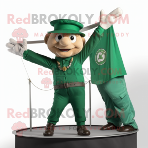 Green Trapeze Artist mascot costume character dressed with a Henley Tee and Berets