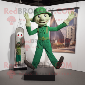 Green Trapeze Artist mascot costume character dressed with a Henley Tee and Berets