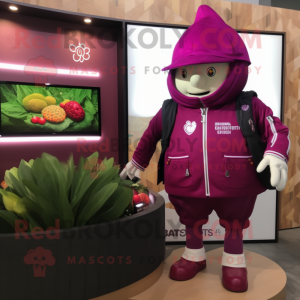 Magenta Beet mascot costume character dressed with a Jacket and Watches