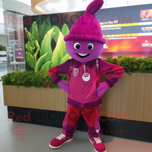 Magenta Beet mascot costume character dressed with a Jacket and Watches