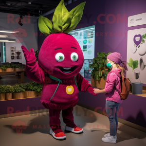 Magenta Beet mascot costume character dressed with a Jacket and Watches