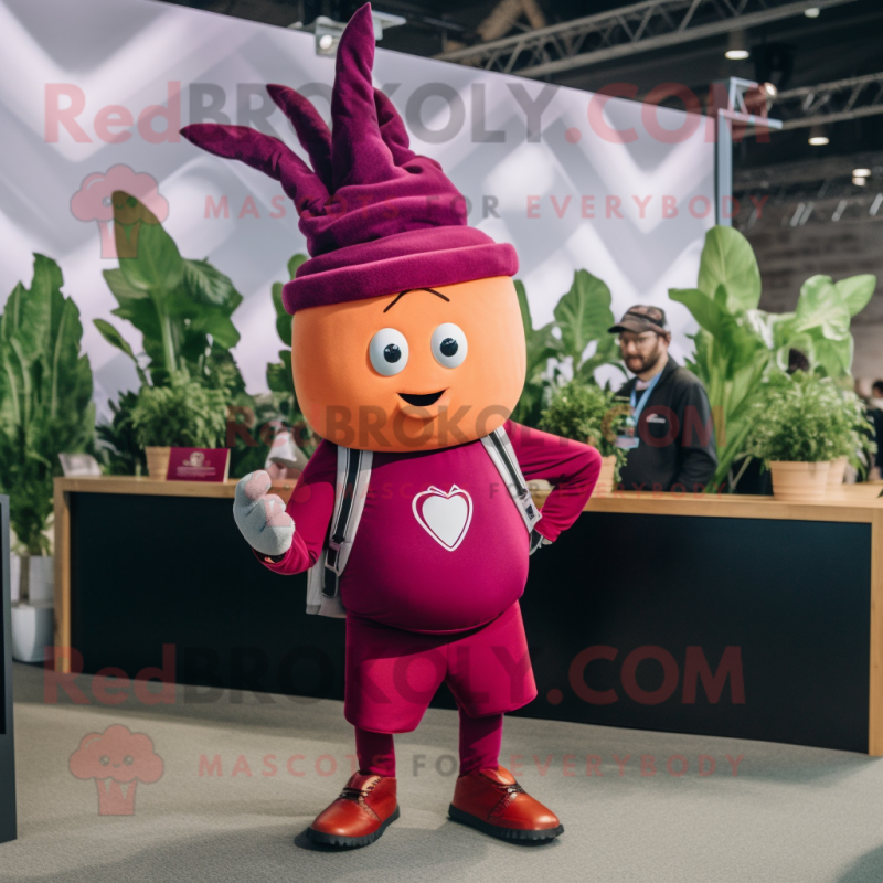 Magenta Beet mascot costume character dressed with a Jacket and Watches