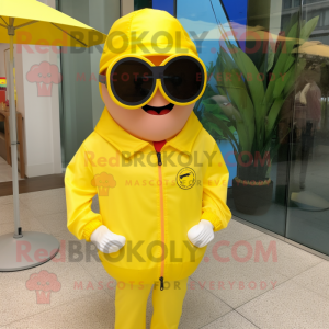 Yellow Plate Spinner mascot costume character dressed with a Windbreaker and Sunglasses