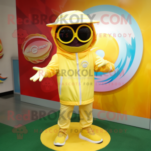 Yellow Plate Spinner mascot costume character dressed with a Windbreaker and Sunglasses