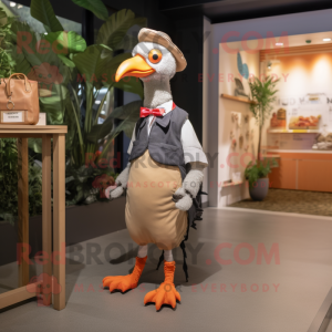 Peach Guinea Fowl mascot costume character dressed with a Overalls and Clutch bags