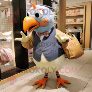Peach Guinea Fowl mascot costume character dressed with a Overalls and Clutch bags