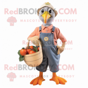 Peach Guinea Fowl mascot costume character dressed with a Overalls and Clutch bags