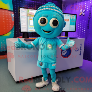 Maskotfigur av en Cyan Pho...