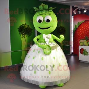 Lime Green Strawberry mascot costume character dressed with a Wedding Dress and Rings