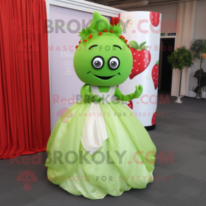 Lime Green Strawberry mascot costume character dressed with a Wedding Dress and Rings