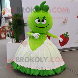 Lime Green Strawberry mascot costume character dressed with a Wedding Dress and Rings