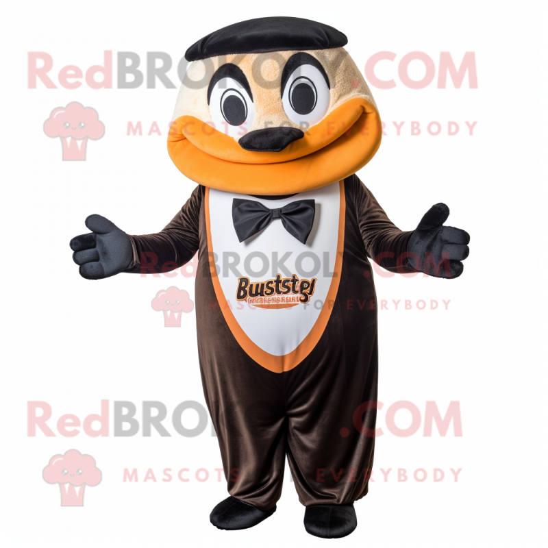 Rust Bagels mascot costume character dressed with a Tuxedo and Shawls Rust Bagels mascot costume character dressed with a Tuxedo and Shawls