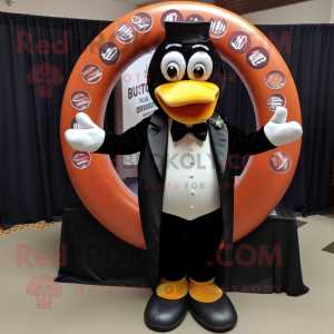 Rust Bagels mascot costume character dressed with a Tuxedo and Shawls
