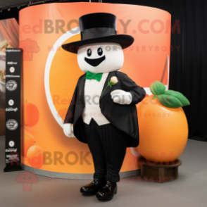 Peach Guinness mascot costume character dressed with a Tuxedo and Hat pins