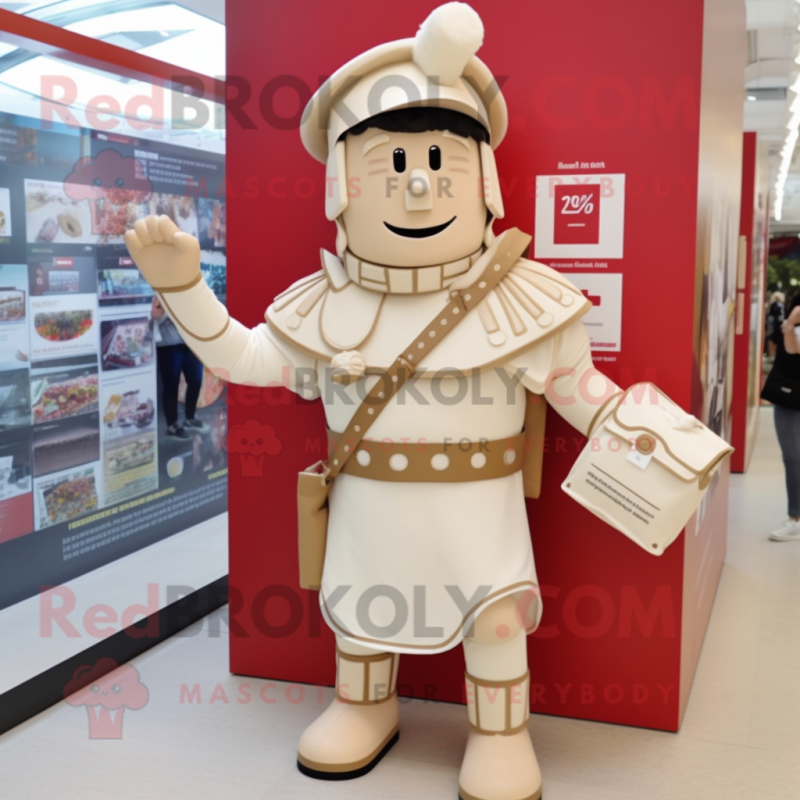 Cream Roman Soldier mascot costume character dressed with a Culottes and Briefcases Cream Roman Soldier mascot costume character dressed with a Culottes and Briefcases