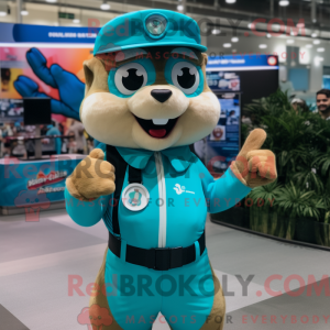 Maskotkarakter av en cyan...