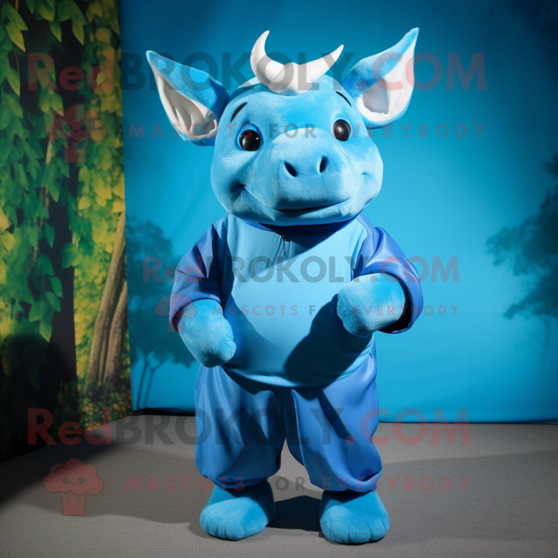 Blue Rhinoceros mascot costume character dressed with a Culottes and Wraps