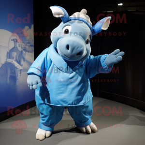 Blue Rhinoceros mascot costume character dressed with a Culottes and Wraps