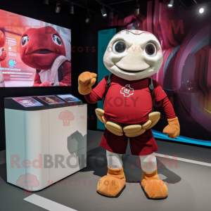Maroon Sea Turtle mascot costume character dressed with a Mini Skirt and Smartwatches