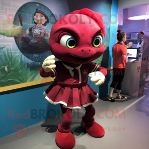 Maroon Sea Turtle mascot costume character dressed with a Mini Skirt and Smartwatches