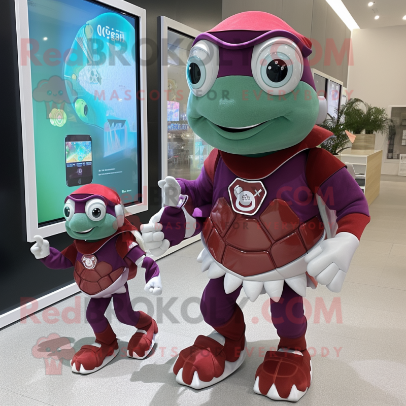 Maroon Sea Turtle mascot costume character dressed with a Mini Skirt and Smartwatches