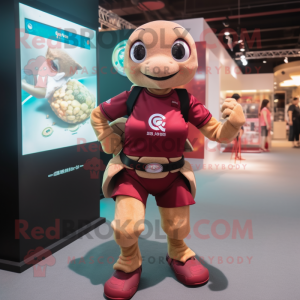 Maroon Sea Turtle mascot costume character dressed with a Mini Skirt and Smartwatches