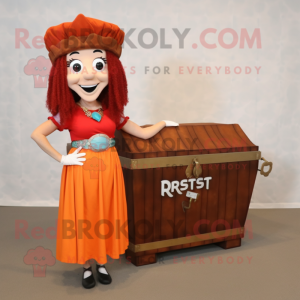Rust Treasure Chest mascot costume character dressed with a Empire Waist Dress and Hair clips