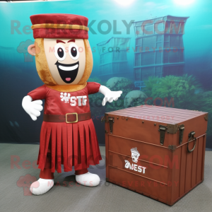Rust Treasure Chest mascot costume character dressed with a Empire Waist Dress and Hair clips
