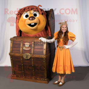 Rust Treasure Chest mascot costume character dressed with a Empire Waist Dress and Hair clips